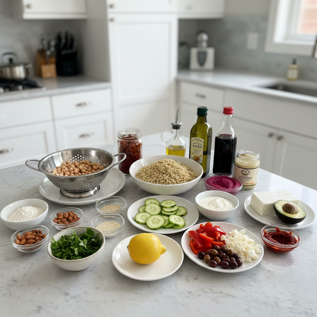 A colorful array of fresh ingredients for a Mediterranean Falafel Bowl, including chickpeas, cucumber, tomatoes, herbs, and lemon.