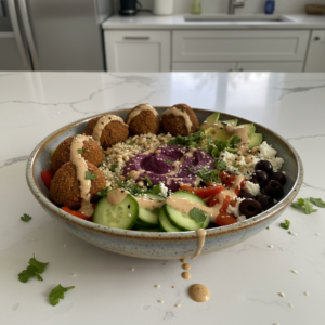 A vibrant Mediterranean Falafel Bowl, featuring golden crispy falafel, fresh salad, creamy hummus, and a drizzle of tahini.