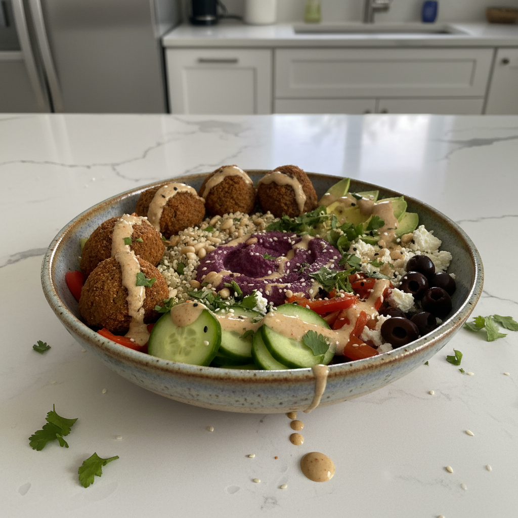 A vibrant Mediterranean Falafel Bowl, featuring golden crispy falafel, fresh salad, creamy hummus, and a drizzle of tahini.