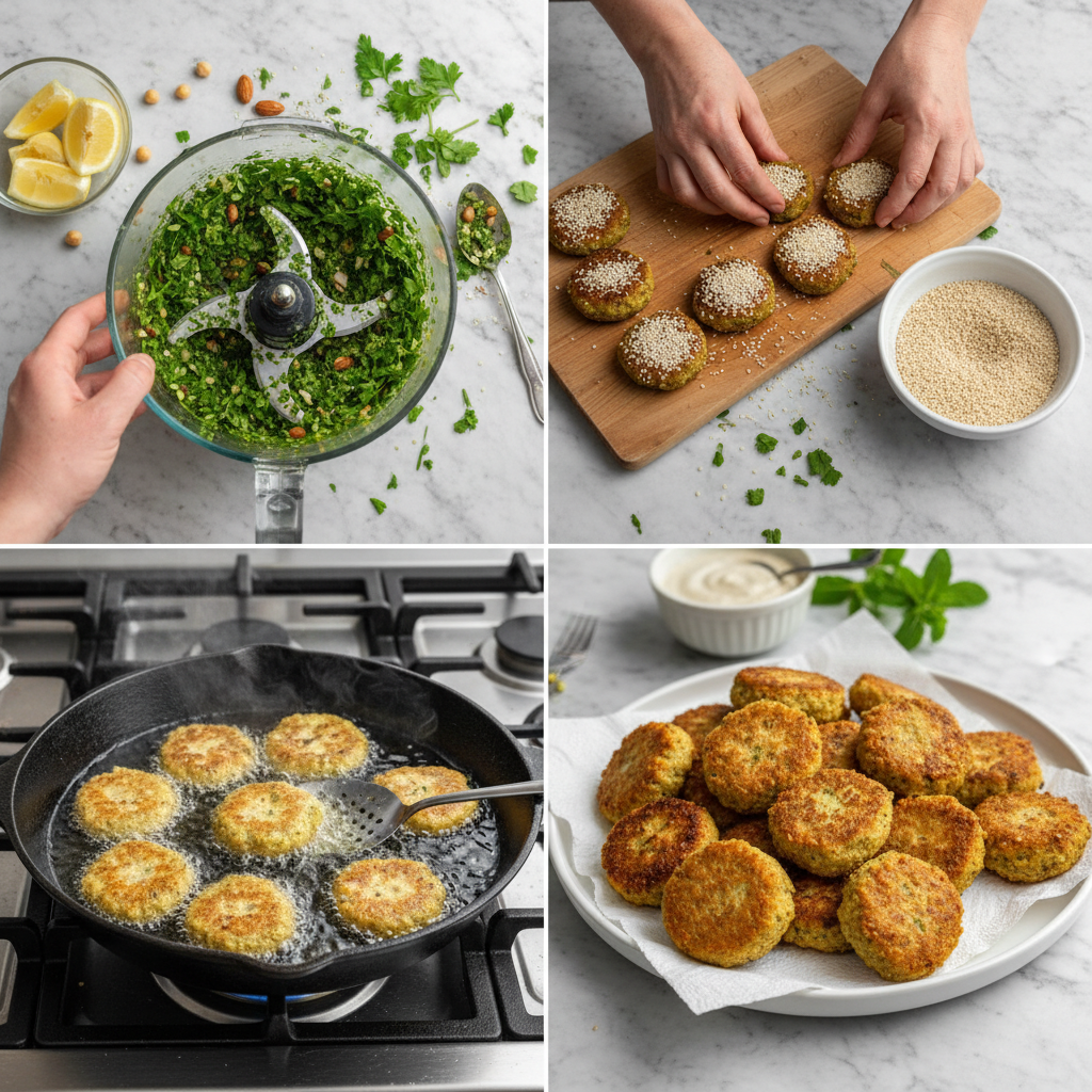Hands assembling a Mediterranean Falafel Bowl, adding crispy falafel patties, chopped fresh vegetables, and a creamy tahini sauce.
