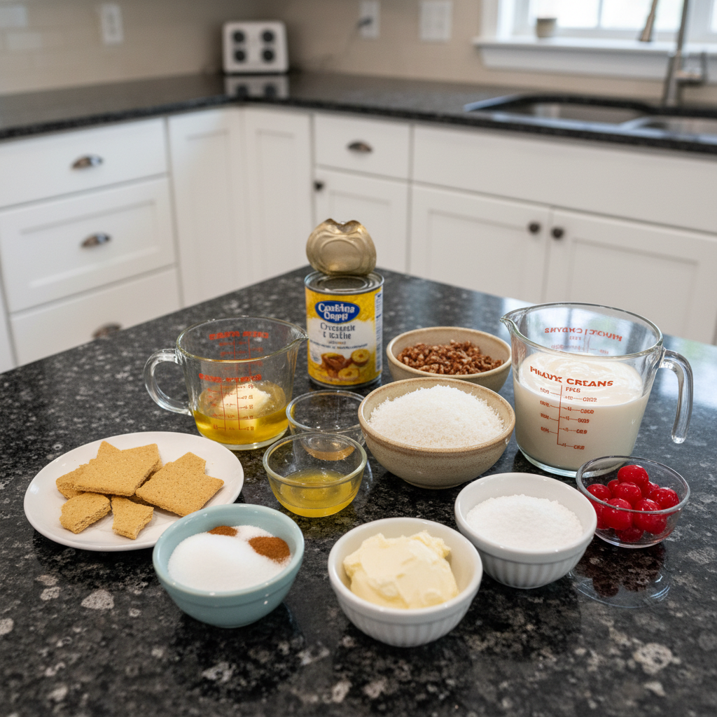 Fresh ingredients laid out for a Million Dollar Pie recipe, including crushed pineapple, whipped topping, cream cheese, pecans, and cherries.