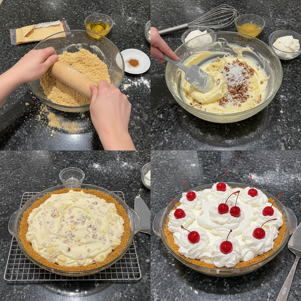 Hands mixing the creamy filling for a Million Dollar Pie in a large bowl, showing the easy no-bake preparation.