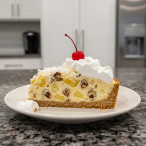 A creamy, no-bake Million Dollar Pie with pineapple, pecans, and cherries, garnished and ready to serve.