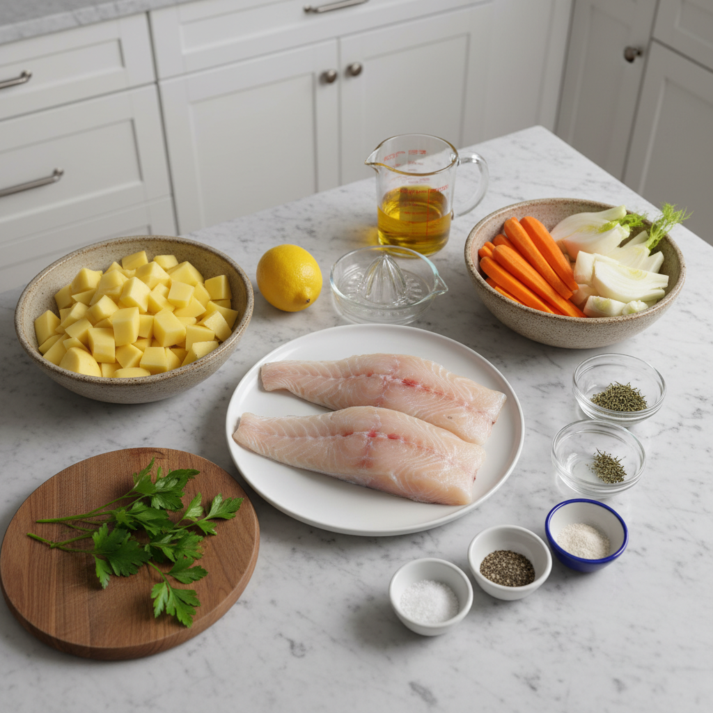 Fresh ingredients for a One Pan Fish & Veggie Dinner, including salmon fillets, asparagus, cherry tomatoes, and lemon slices.