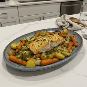 A beautifully roasted One Pan Fish & Veggie Dinner with vibrant salmon, asparagus, and cherry tomatoes, fresh out of the oven.