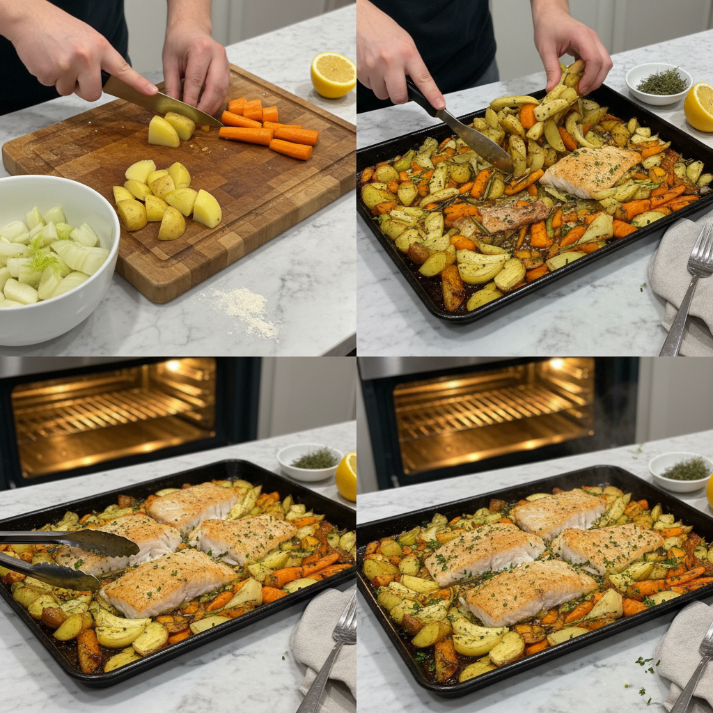 A sheet pan with salmon fillets, asparagus, and cherry tomatoes seasoned and ready for the oven for a One Pan Fish & Veggie Dinner.