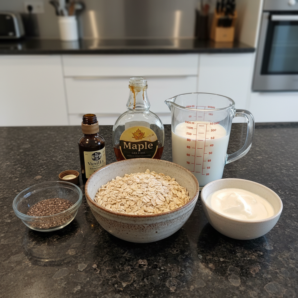 Fresh ingredients laid out for making delicious Overnight Oats, including rolled oats, milk, chia seeds, and berries.