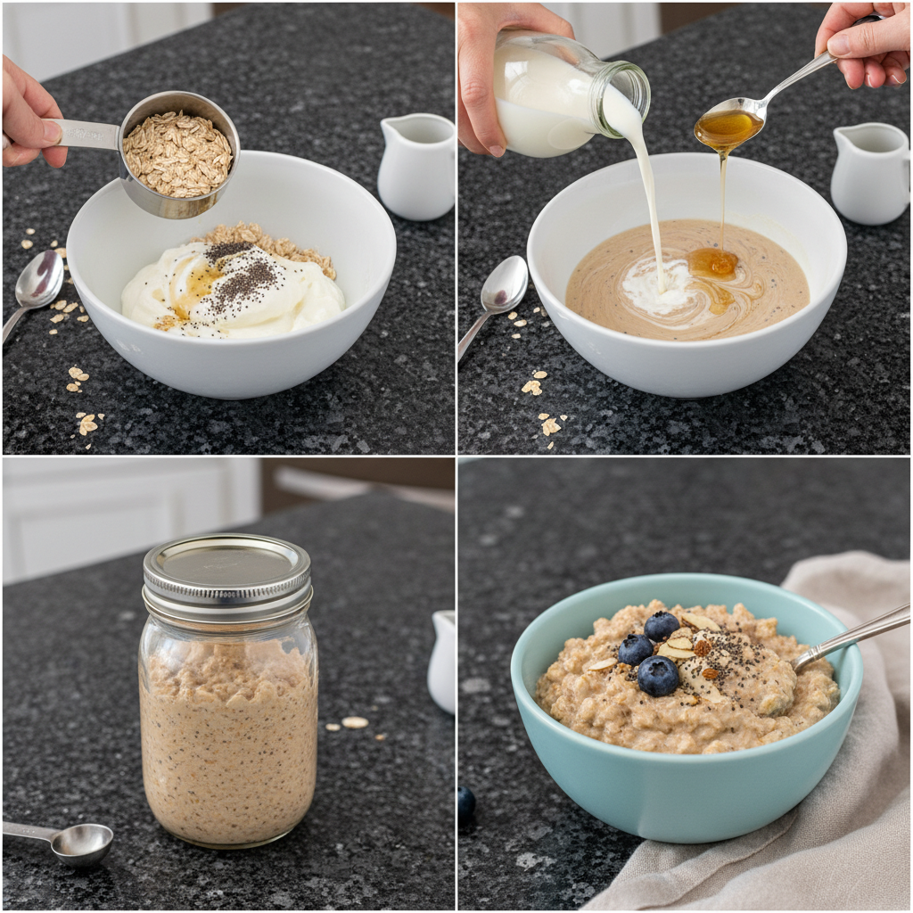 Hands mixing rolled oats, milk, and chia seeds in a jar, preparing Overnight Oats for chilling.
