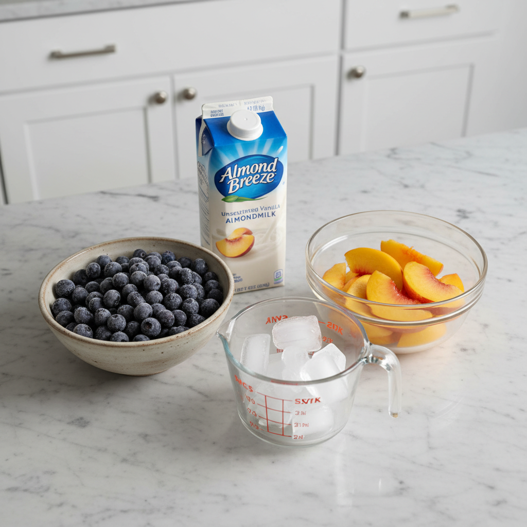 Fresh peaches, blueberries, yogurt, and juice laid out on a counter, ready to make a Panera Peach Blueberry Smoothie Copycat.
