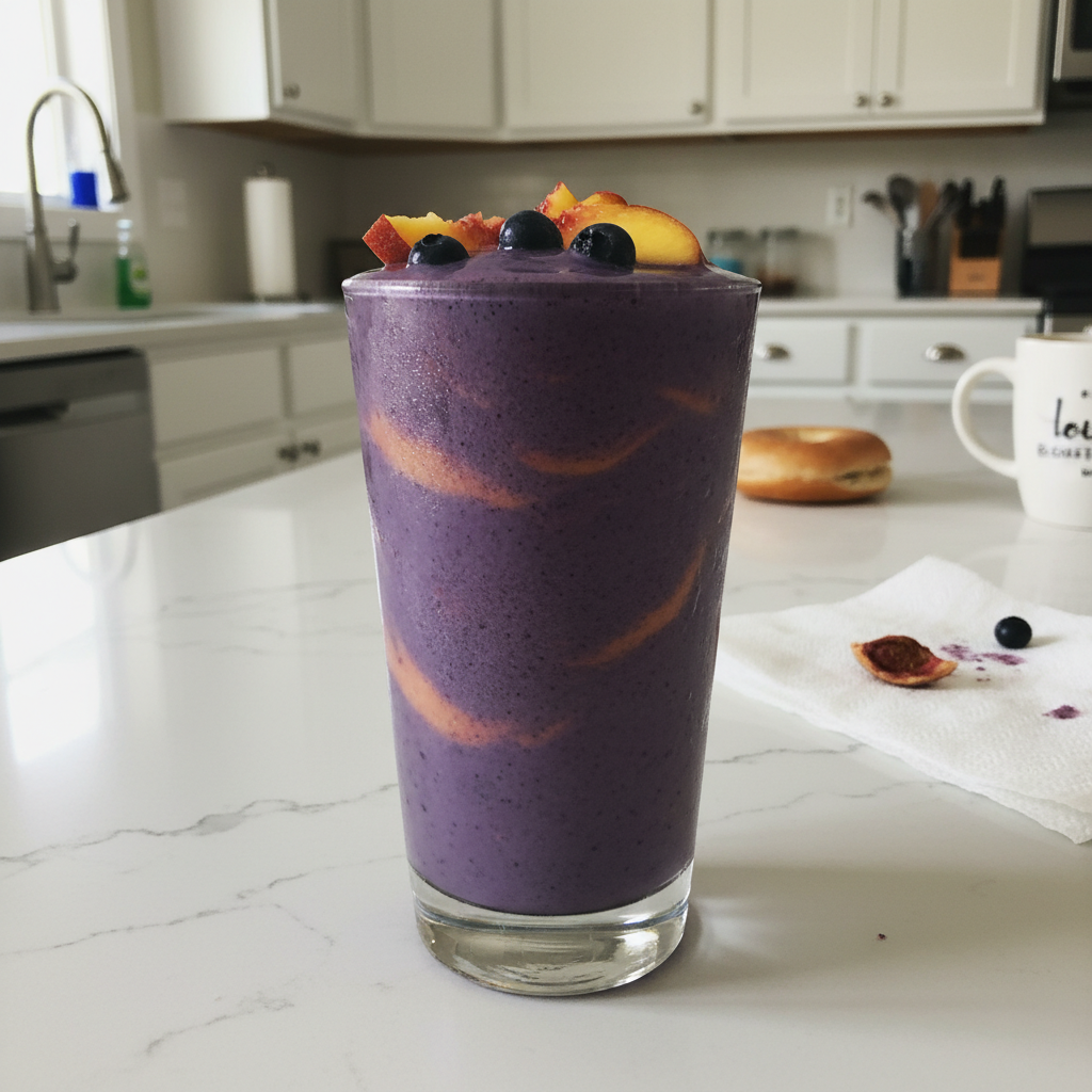 A vibrant Panera Peach Blueberry Smoothie Copycat in a tall glass, garnished with fresh fruit and a straw.