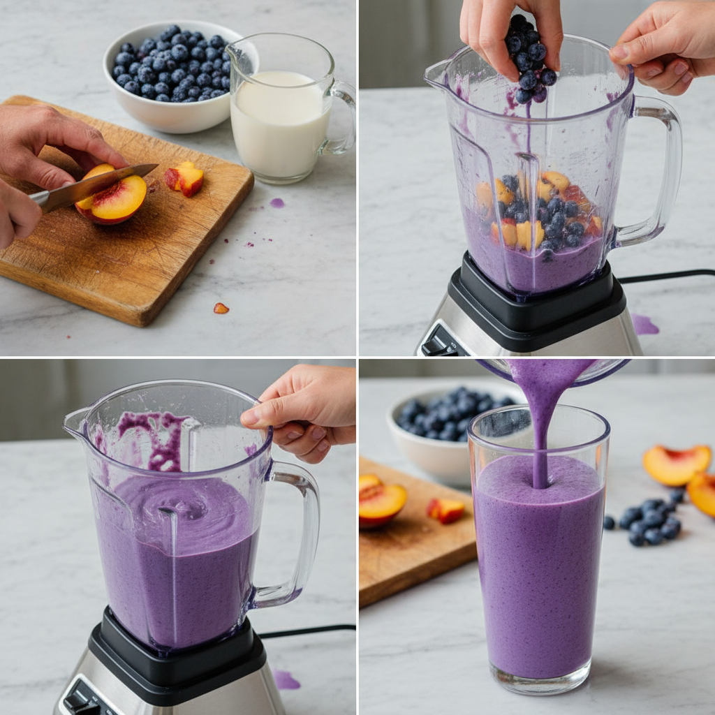 Hands pouring a vibrant Panera Peach Blueberry Smoothie Copycat from a blender into a tall glass.