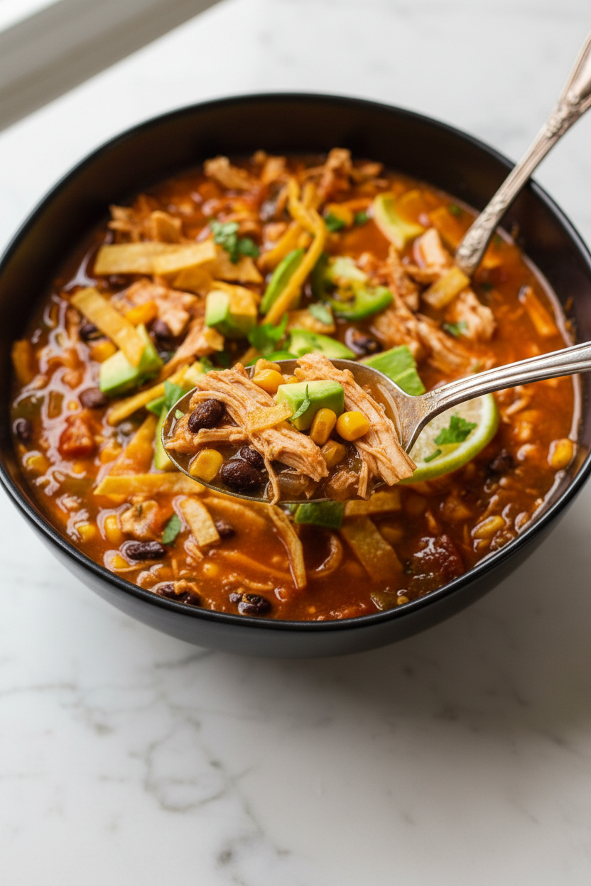 Close-up of chicken tortilla soup in a minimalist ceramic bowl showing the Maillard reaction on charred vegetables under natural lighting.