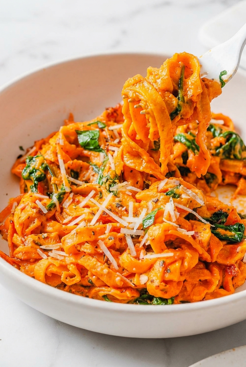 Close-up of Sweet Potato Noodles in a minimalist ceramic vessel, highlighting the vibrant orange texture and soft shadows.
