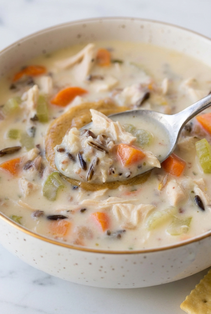 Close-up of Wild Rice Soup highlighting the tender texture of Zizania grains in a creamy roux-based broth.