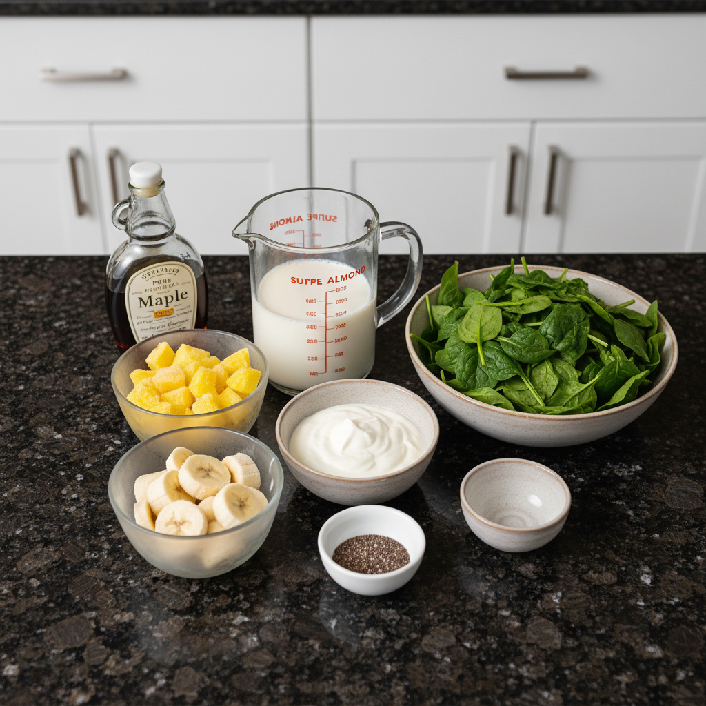 Fresh ingredients for a pineapple green smoothie laid out, including spinach, pineapple chunks, banana, and coconut water.