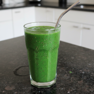 A vibrant pineapple green smoothie in a tall glass with a straw, garnished with fresh mint and a pineapple wedge.