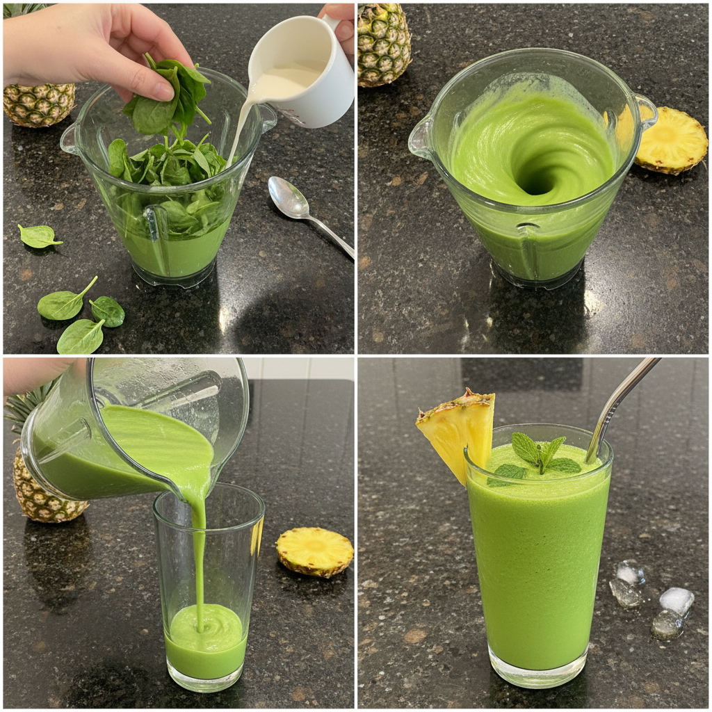 A hand adding fresh spinach and pineapple chunks into a blender to prepare a healthy pineapple green smoothie.