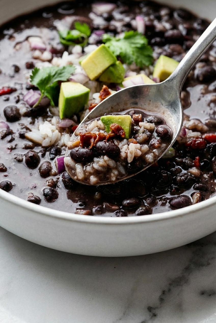 A stainless steel pressure cooker containing Instant Pot Black Bean Soup on a contemporary countertop under natural window lighting.