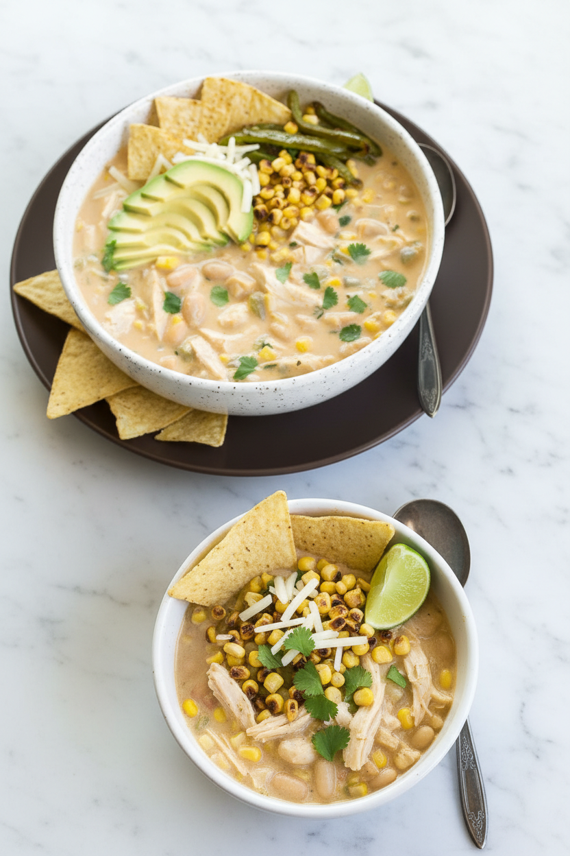 White chicken chili recipe served on a contemporary countertop with soft shadows highlighting the charred corn infusion.