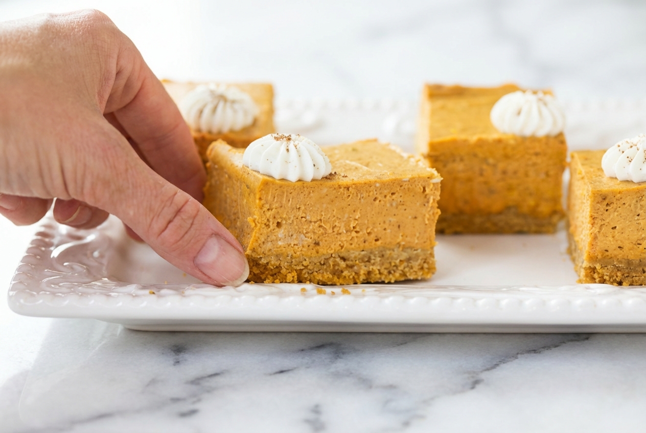 Pumpkin Cheesecake Bars with a brown butter crust on a white marble surface in soft natural window light.
