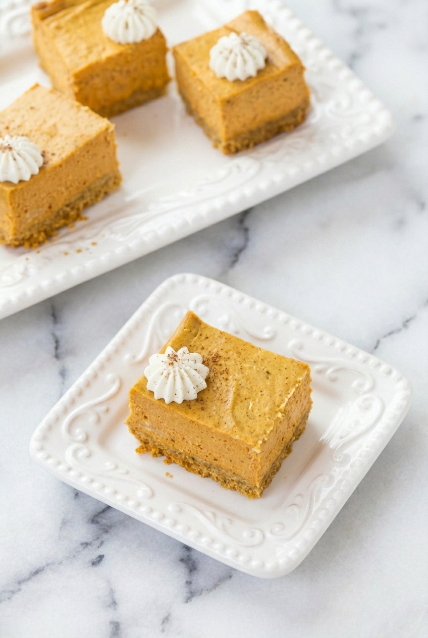 Close-up of Pumpkin Cheesecake Bars showing the creamy texture and the golden graham cracker crust on a marble background.