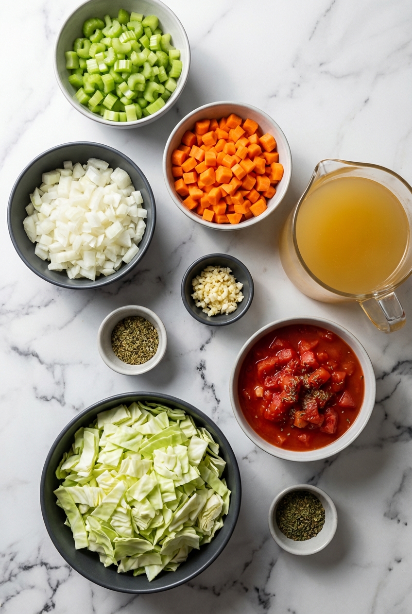Flat lay of cruciferous vegetables, fresh ginger, and turmeric for a cabbage soup diet recipe on a contemporary countertop.