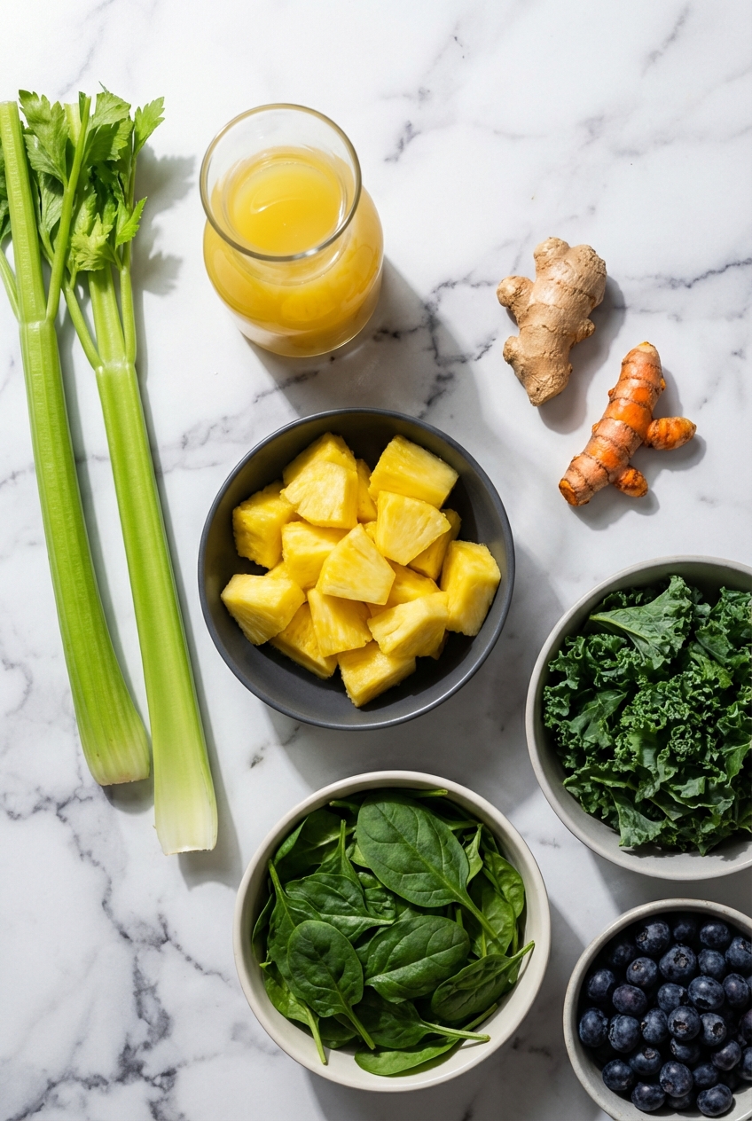 Flat lay of fresh Apium graveolens, lemon slices, and flaky sea salt on a contemporary white countertop for a Celery Smoothie.