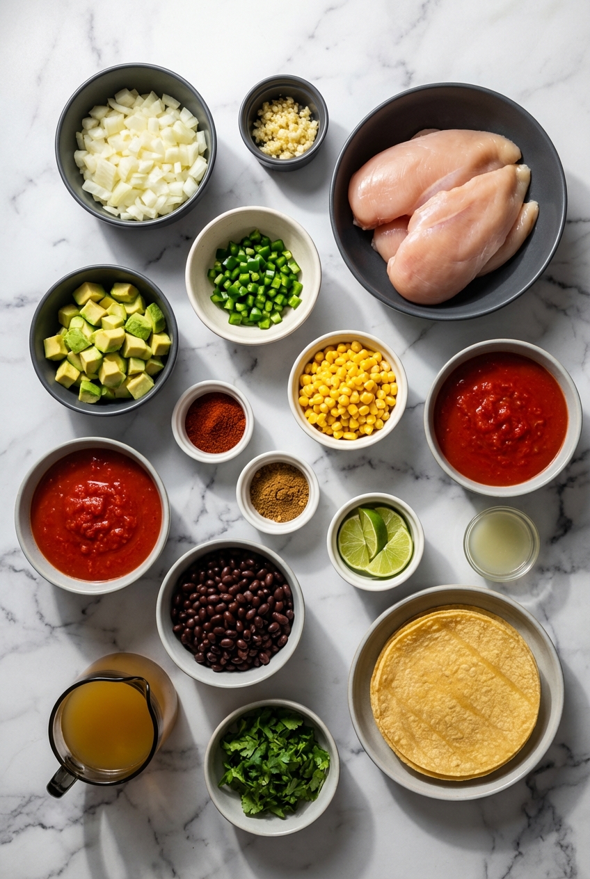 Flat lay of chicken tortilla soup ingredients including poblano pepper, masa harina, and bone broth on a white marble surface.