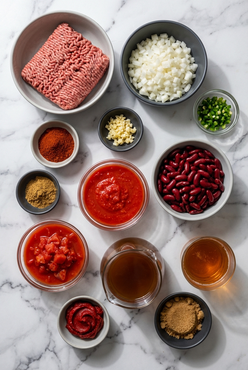 Flat lay of ingredients for homemade chili recipe on a contemporary countertop with lean ground beef, cumin, and tomato paste.