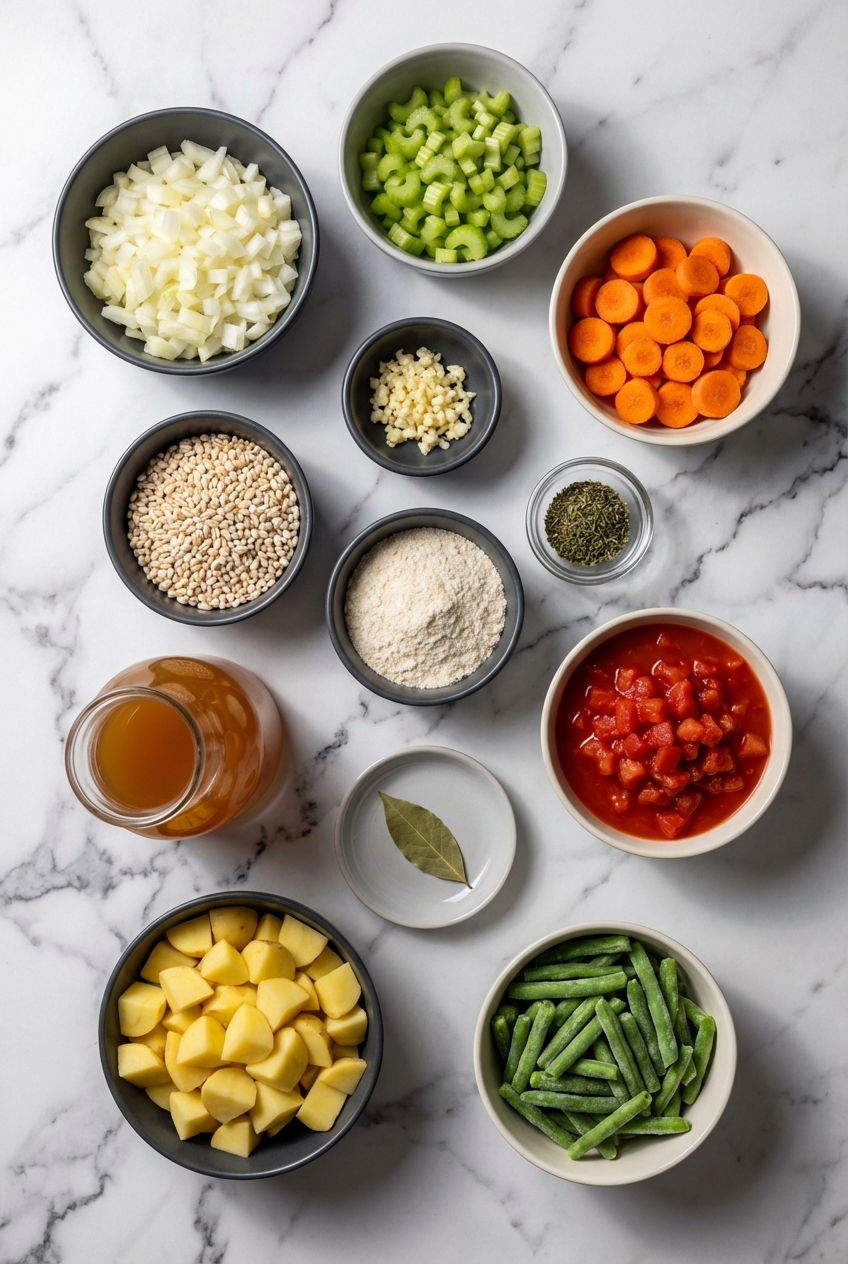 Flat lay of pearl barley, mirepoix, mushrooms, and vegetable bouillon on a contemporary countertop with natural lighting.