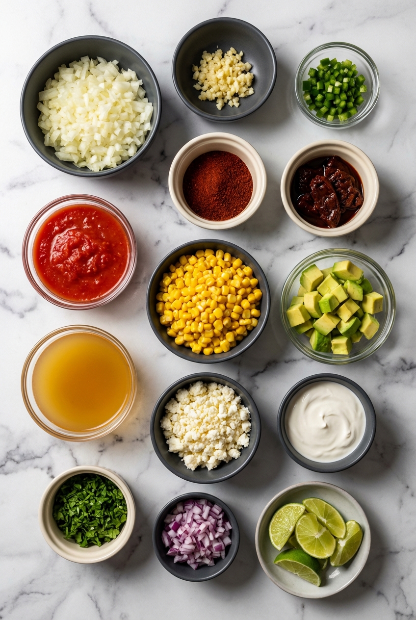 Flat lay of Vegetarian Tortilla Soup ingredients on a white marble surface featuring Guajillo chiles, Chipotles in Adobo, and lime.