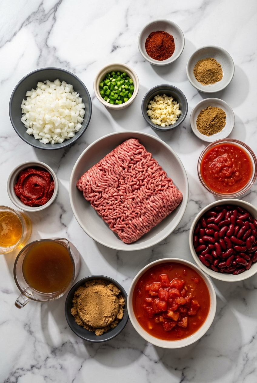 Flat lay of ground chuck, kidney beans, and cumin on white marble for this easy chili recipe stovetop.