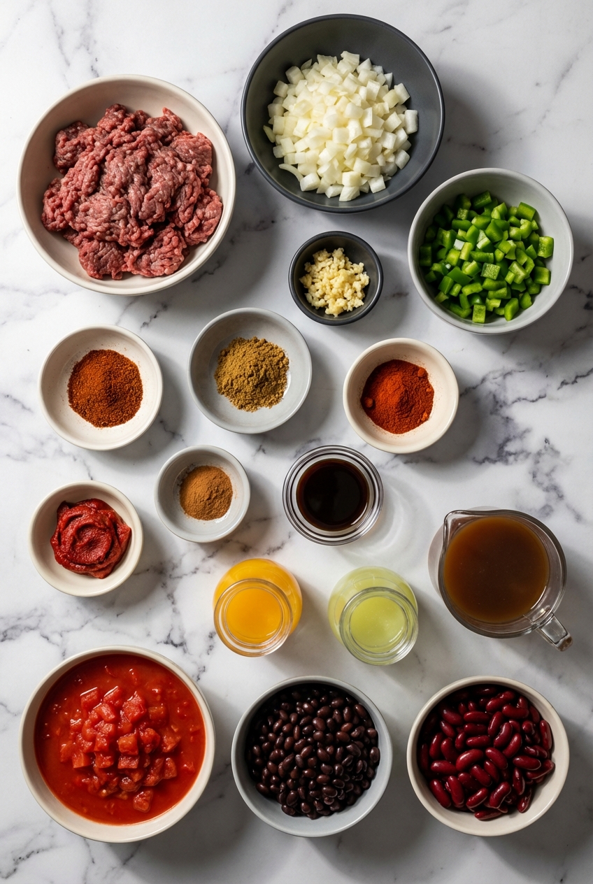 Flat lay of ground venison, dark chocolate, and chili powder on a contemporary countertop in natural lighting.