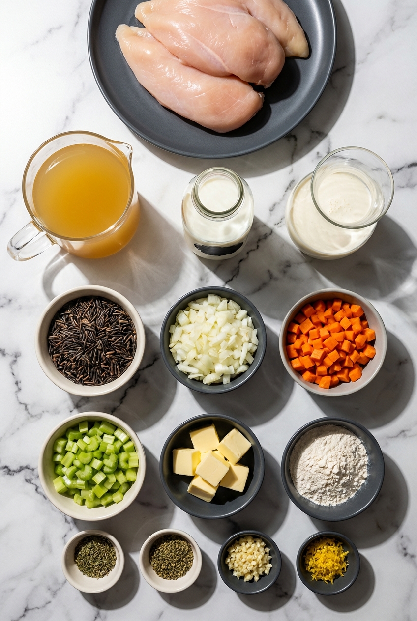 Flat lay of Wild Rice Soup ingredients including mirepoix, wild rice, and fresh thyme on a contemporary white countertop.