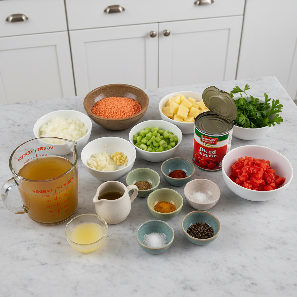Fresh ingredients for Red Lentil Soup laid out: red lentils, chopped vegetables, spices, and herbs.