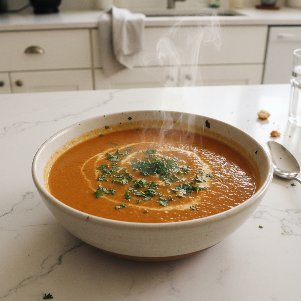 A vibrant bowl of steaming Red Lentil Soup garnished with fresh cilantro, ready to be enjoyed.