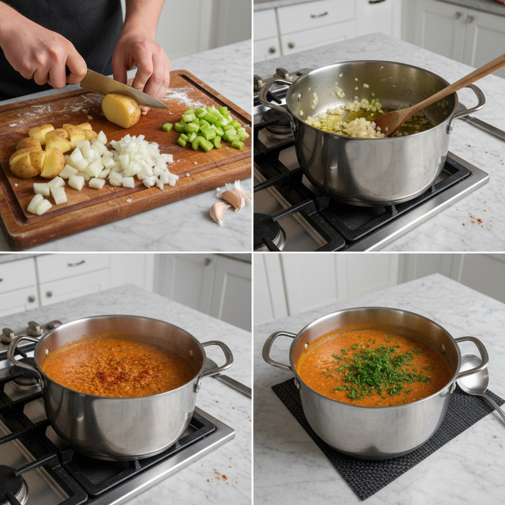 A close-up of red lentils simmering gently with chopped vegetables in a pot for Red Lentil Soup.