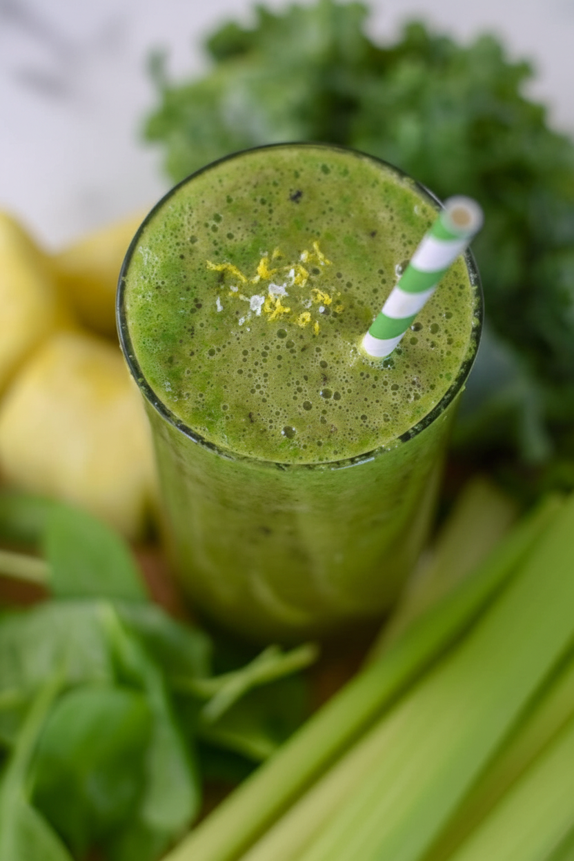 Celery Smoothie in a minimalist ceramic glass on a white marble surface, topped with lemon zest and flaky sea salt.