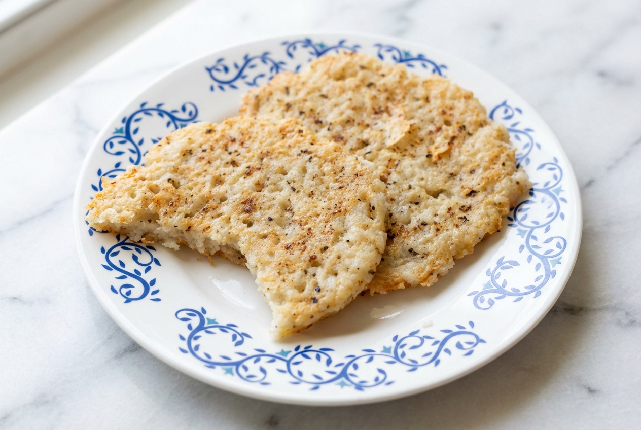 Rice cake recipe with a golden umami-parmesan crust on a minimalist ceramic plate over a white marble surface.