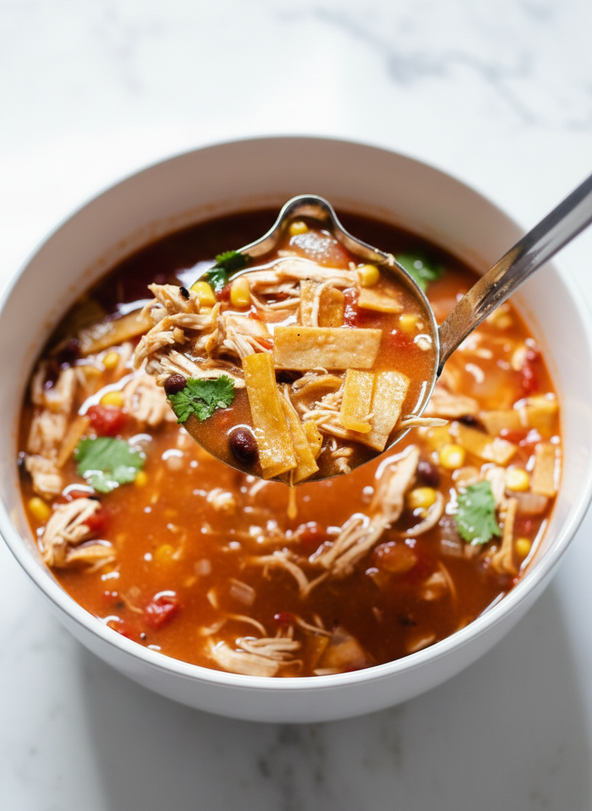 Macro shot of crockpot chicken tortilla soup texture with melted Monterey Jack cheese and golden tortilla strips in soft light.