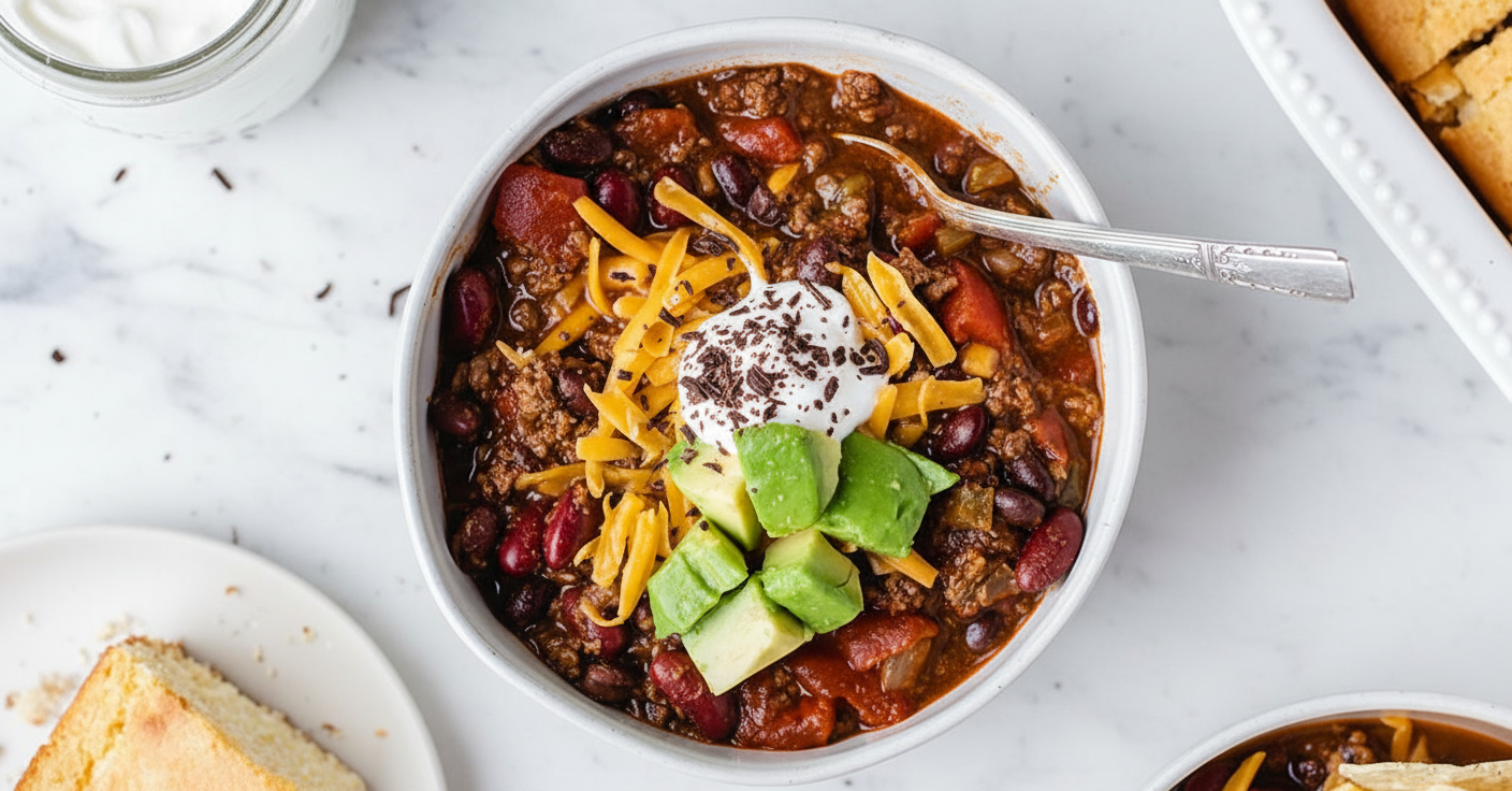 Rich venison chili recipe in a minimalist ceramic bowl on white marble, glossy mole finish with dark chocolate.