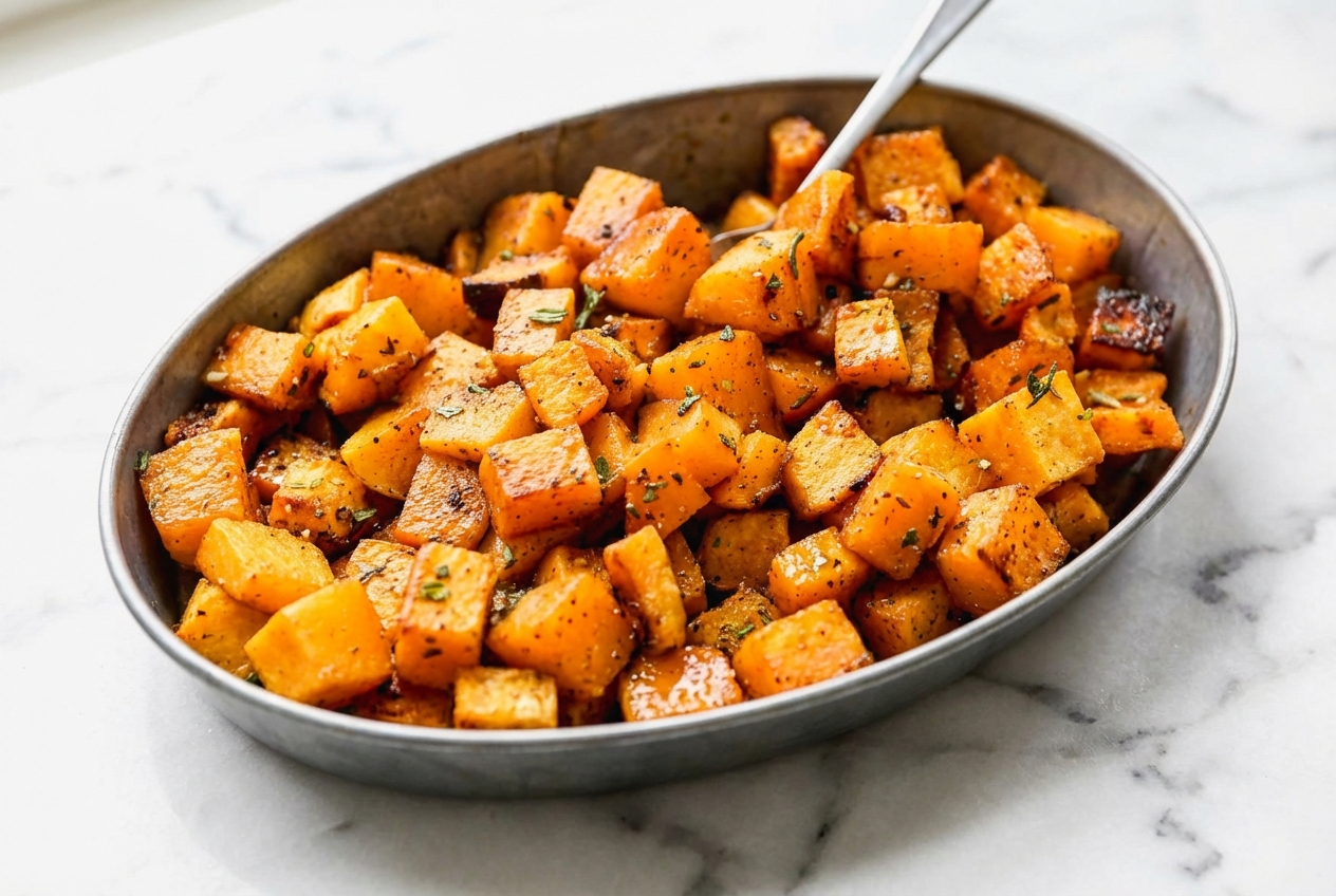 Roasted Butternut Squash on white marble with bourbon brown butter glaze and soft natural window lighting.