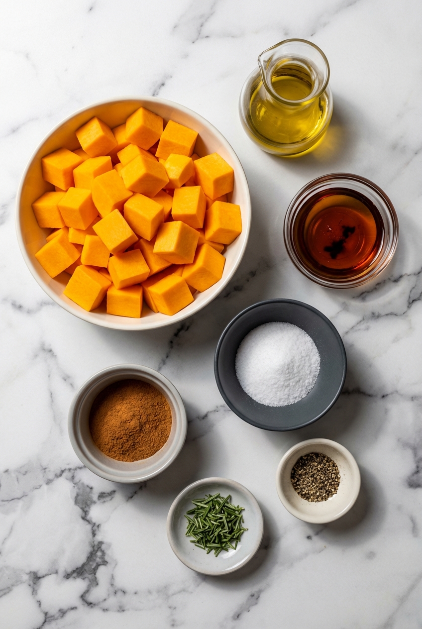 Flat lay of cubed winter squash and kosher salt on a white marble surface for Roasted Butternut Squash.