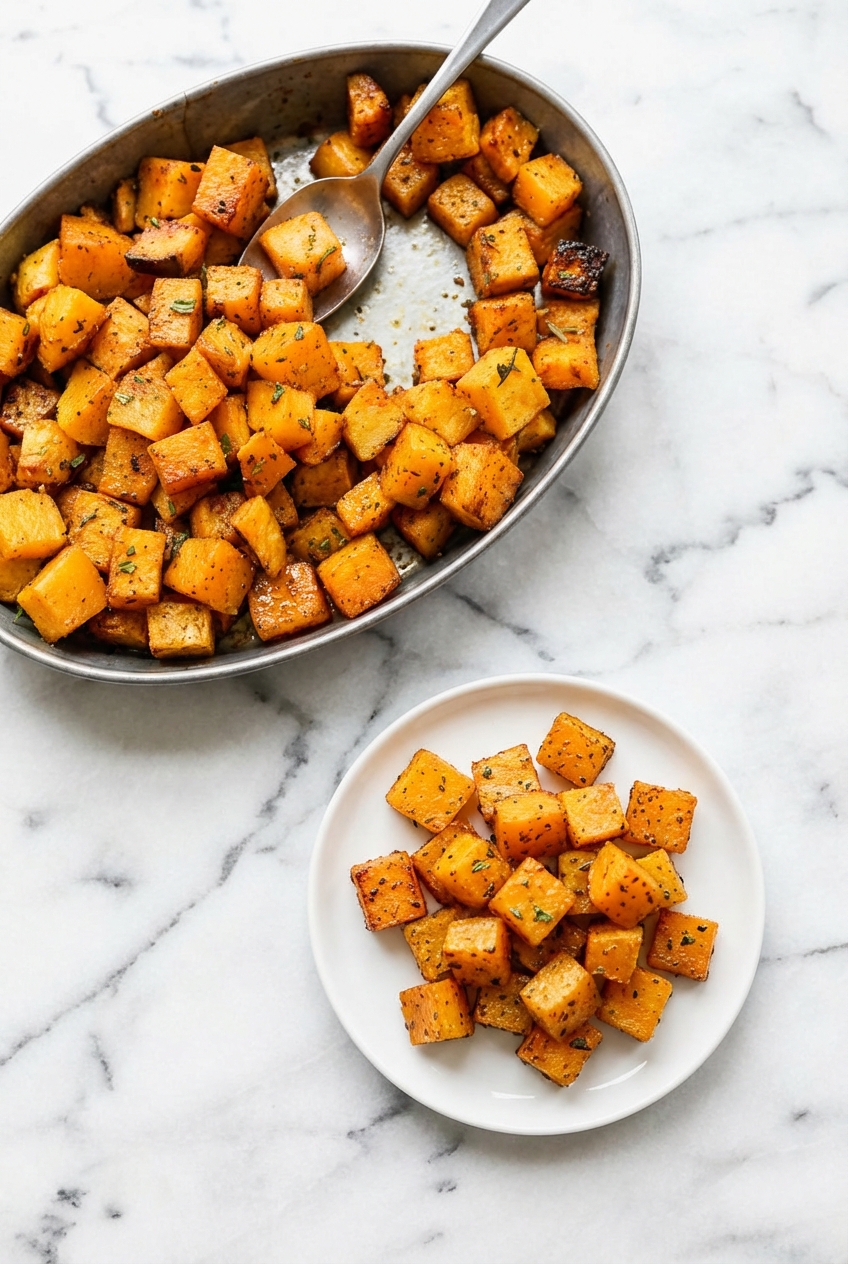 Roasted Butternut Squash served in a minimalist bowl on a contemporary countertop with soft shadows.