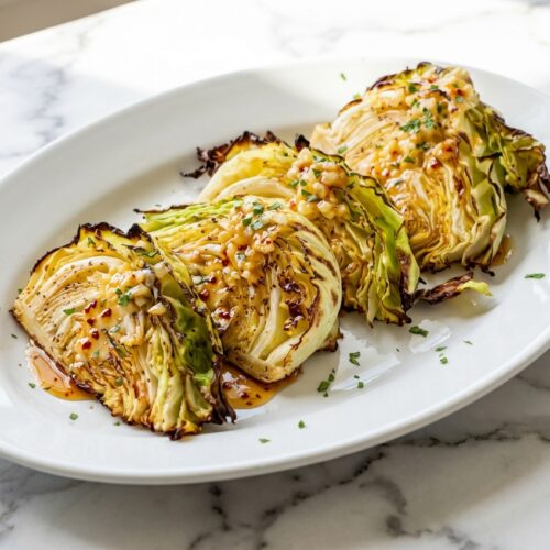 Roasted Cabbage Wedges with a glistening smoked hot honey glaze on a minimalist ceramic plate under natural window lighting.