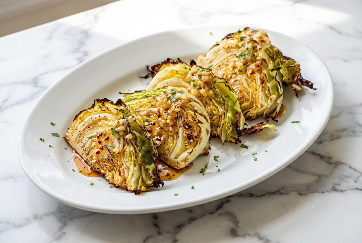 Roasted Cabbage Wedges with a glistening smoked hot honey glaze on a minimalist ceramic plate under natural window lighting.