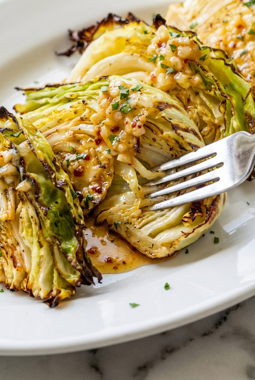 Close-up of the Maillard reaction and deep caramelization on the edges of Roasted Cabbage Wedges on a contemporary countertop.