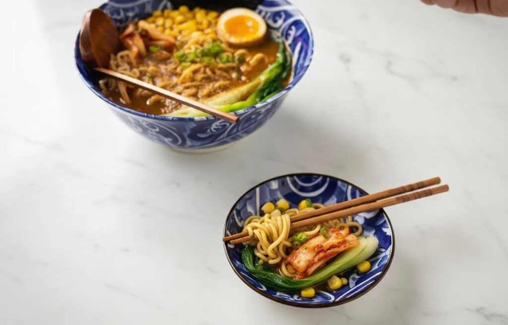 Serving of Vegetarian Ramen topped with Nori and Bok choy in a minimalist ceramic vessel on a contemporary countertop.