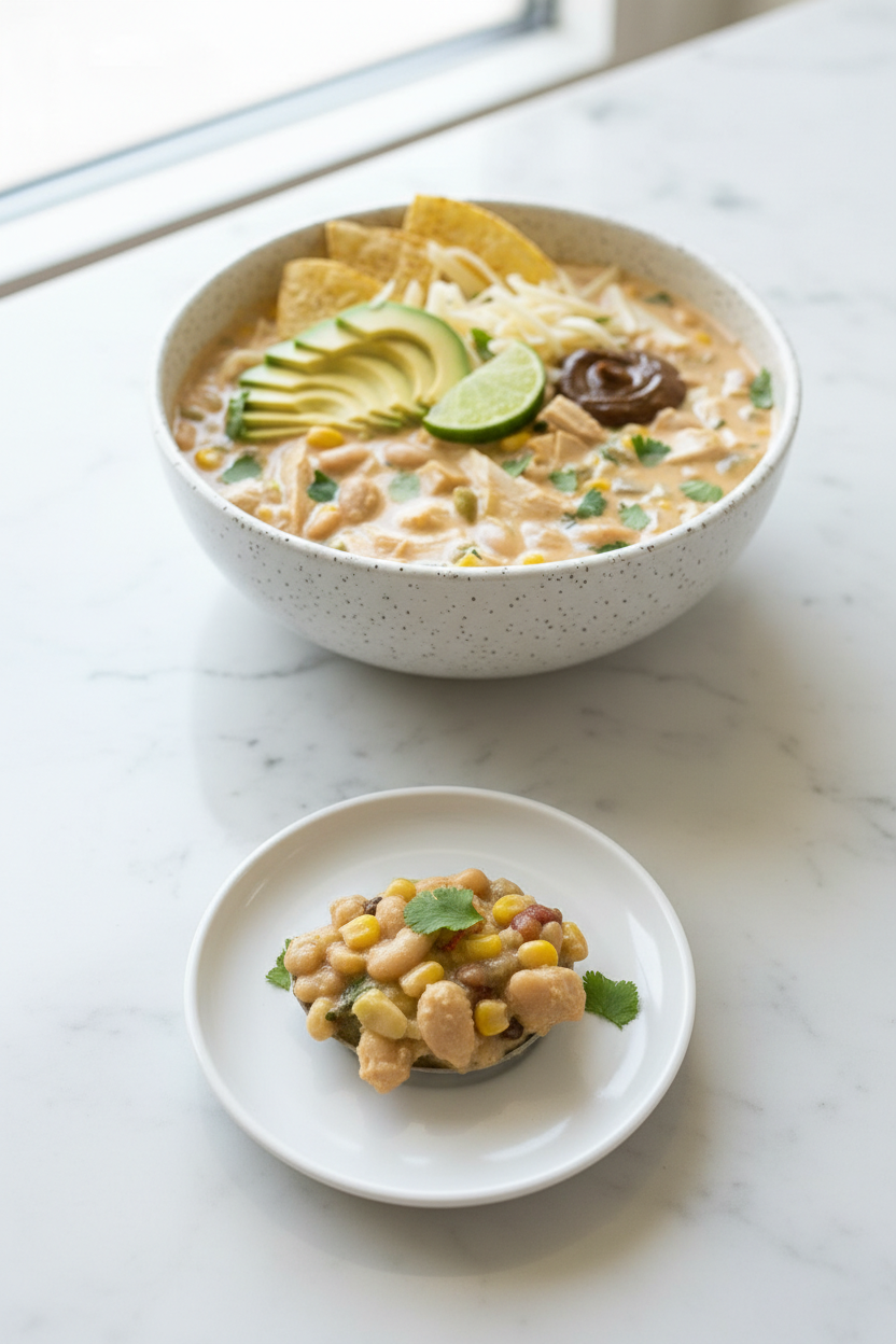 Serving of chicken chili recipe in a contemporary ceramic vessel with soft shadows on a minimalist countertop.
