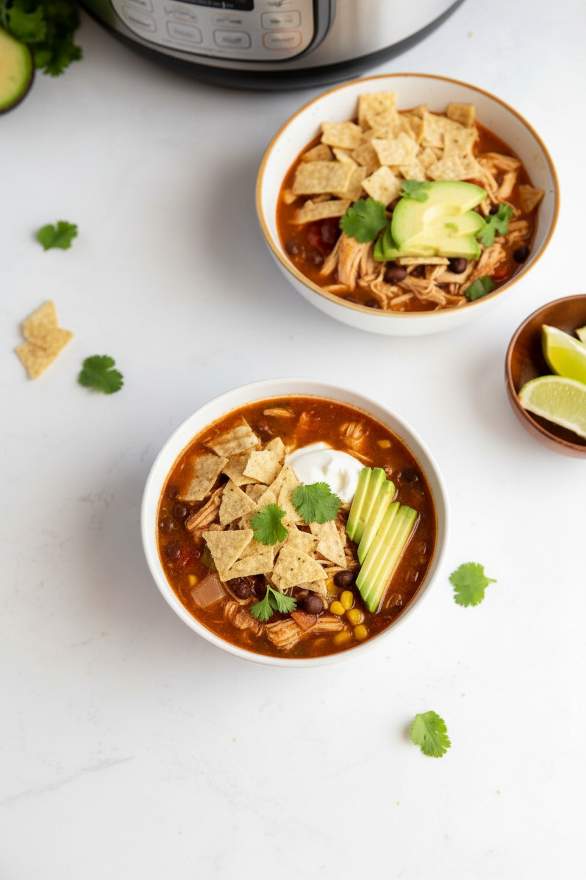 Serving of instant pot chicken tortilla soup topped with fresh cilantro in a ceramic bowl under natural window lighting.